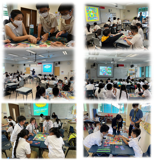 Six photos of masked students in school uniforms playing colorful board games in a classroom setting.